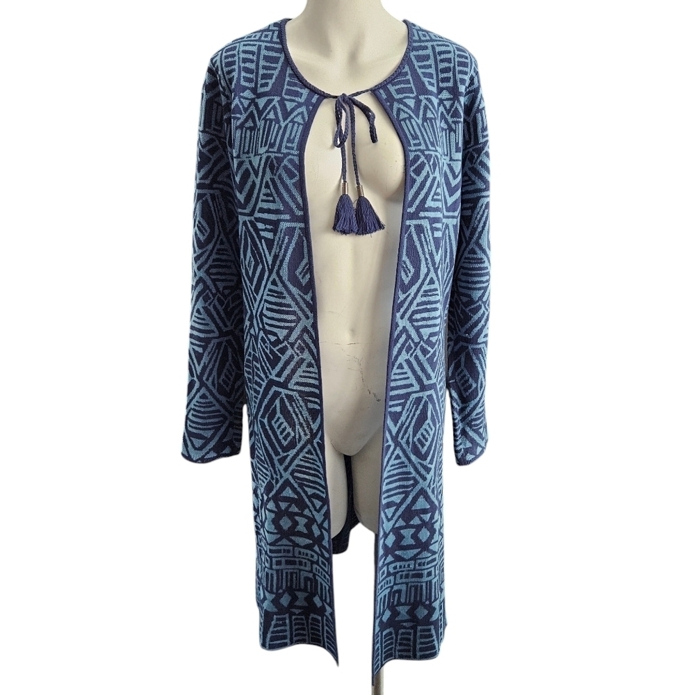 SIGRID OLSEN Long Open‎ Blue Geometric CARDIGAN Sz Medium